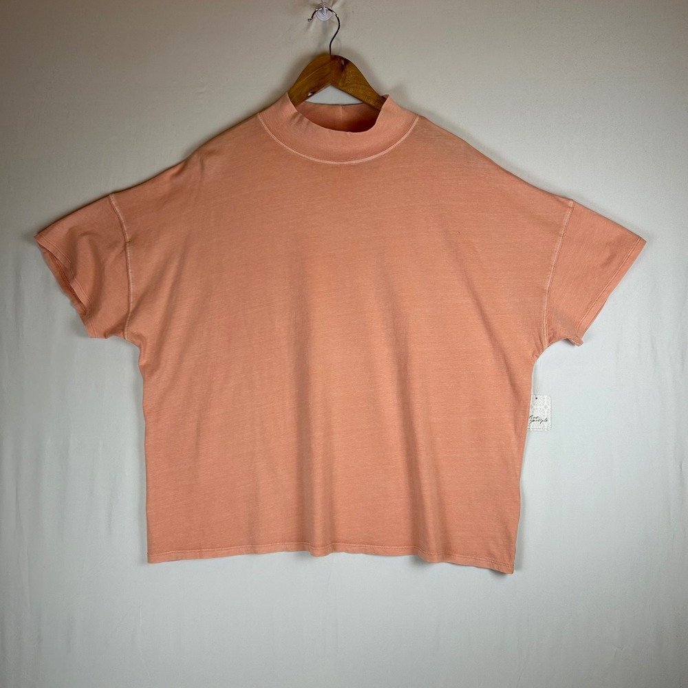 We The Free Free People Coral Mist Mock Neck Oversized Cotton Tee L OB1024852